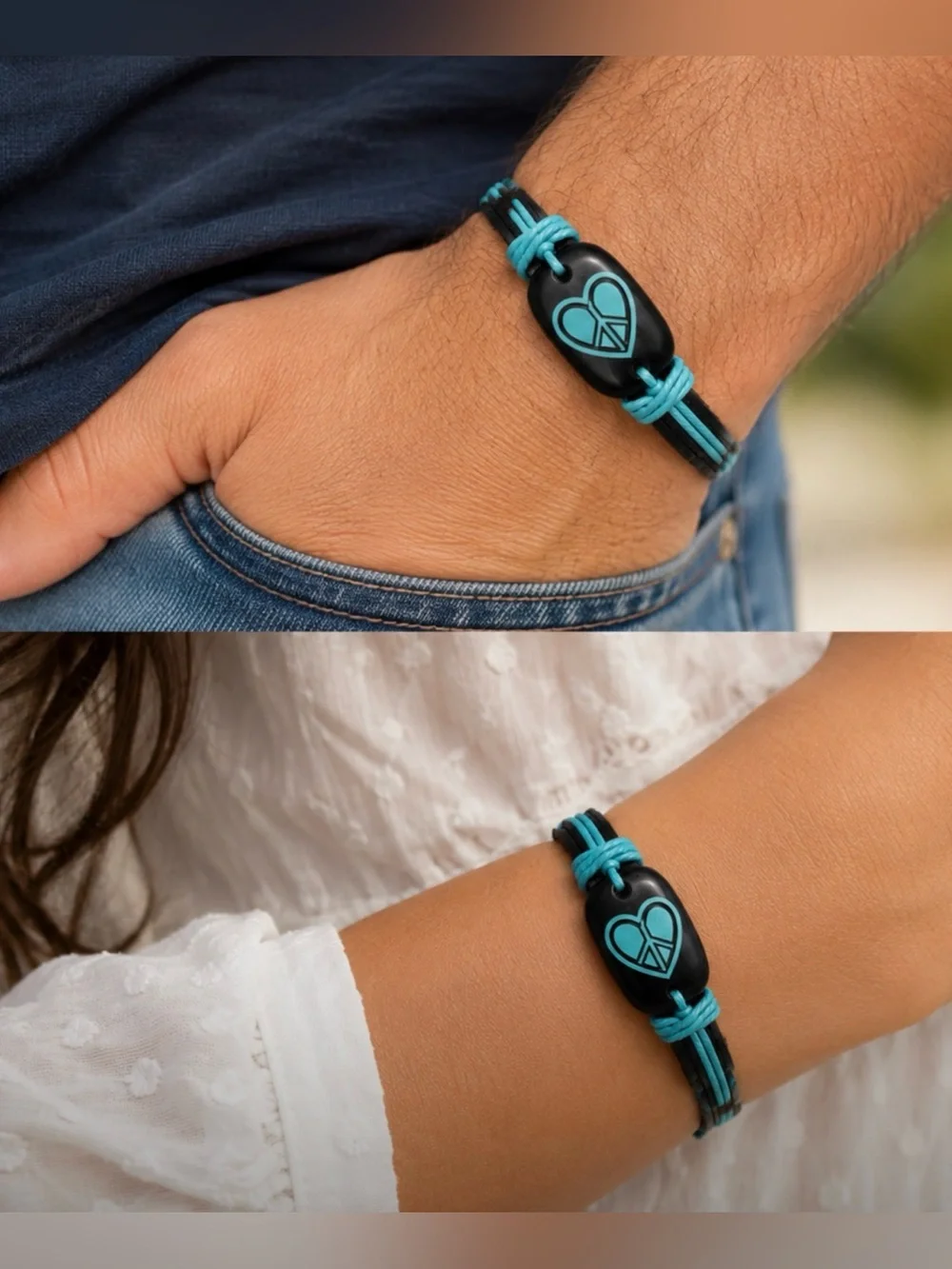 Black Leather & Turquoise Peace Heart Bracelet | Adjustable Unisex